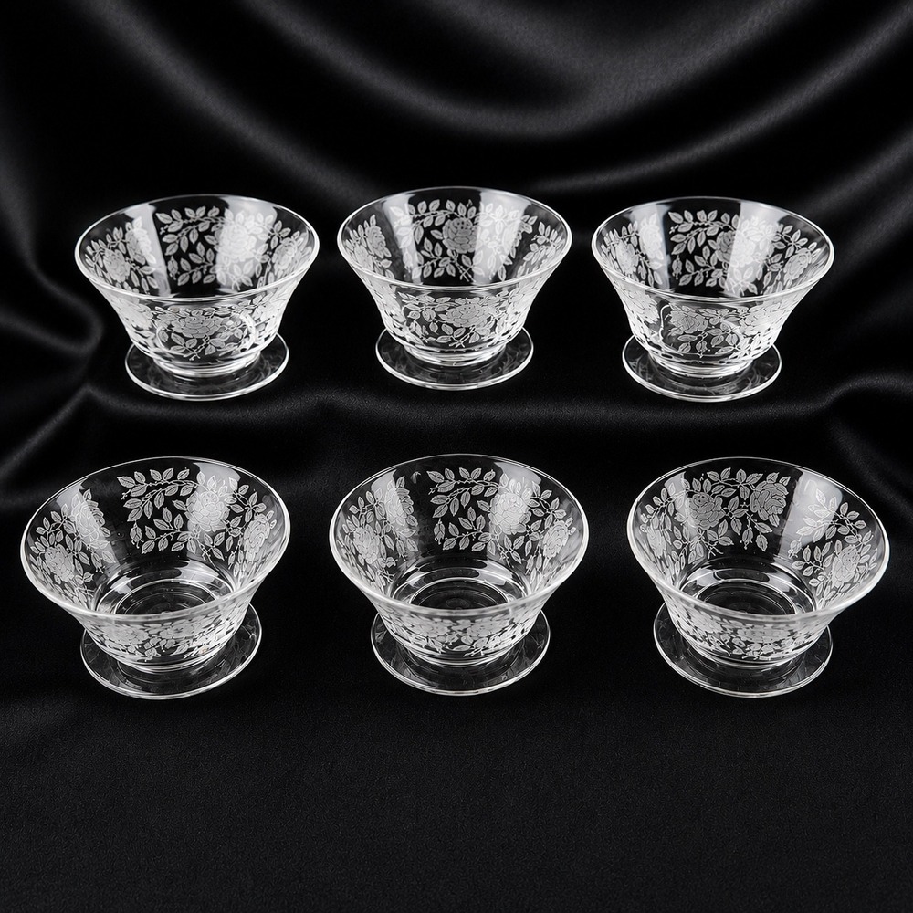 Tiffin Franciscan Roses Etched Glass Berry Dessert bowls Set of 6 Etched Footed
